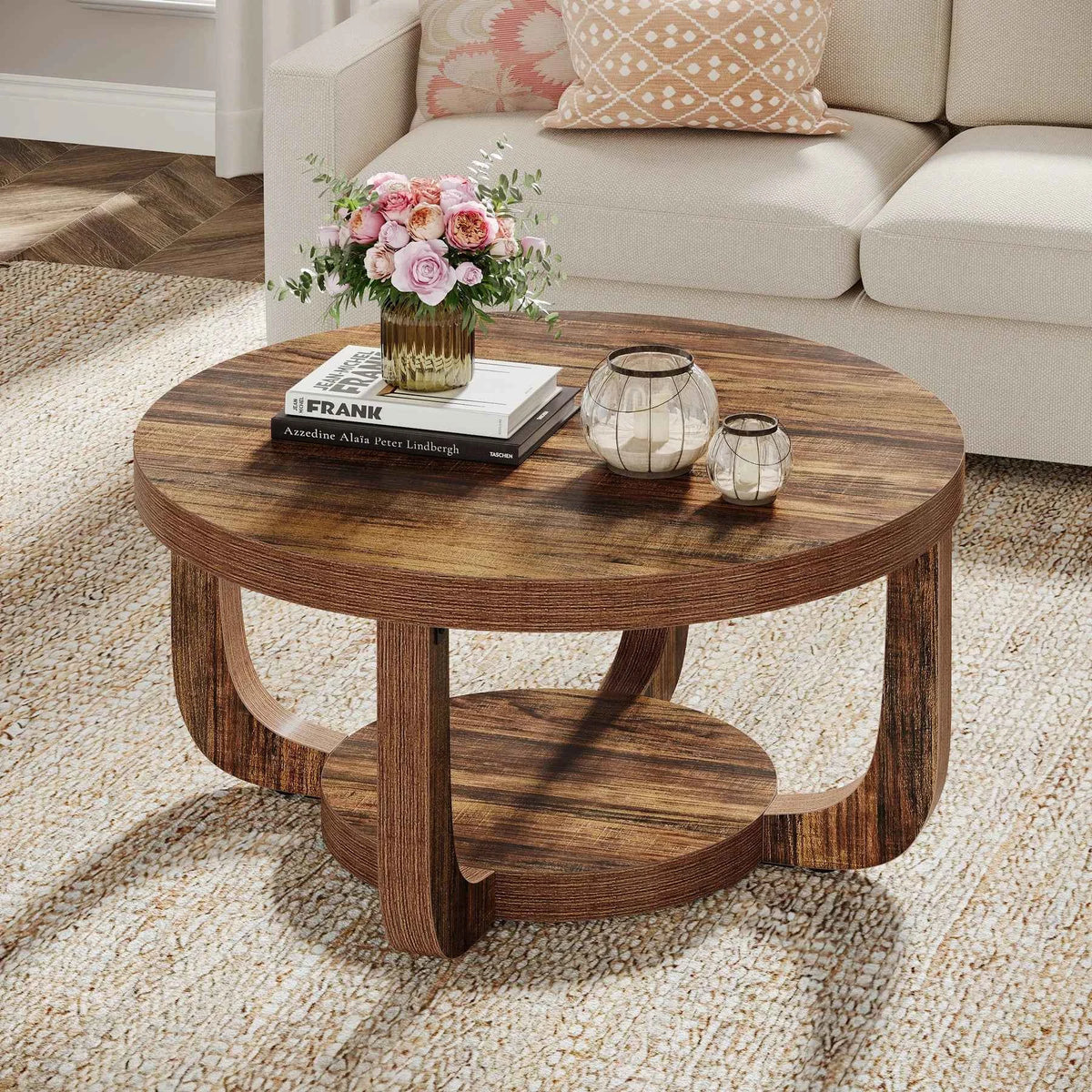 Tribesigns Round Coffee Table, 2-Tier Circle Coffee Table with Storage, Modern Wooden Accent Center Table for Living Room