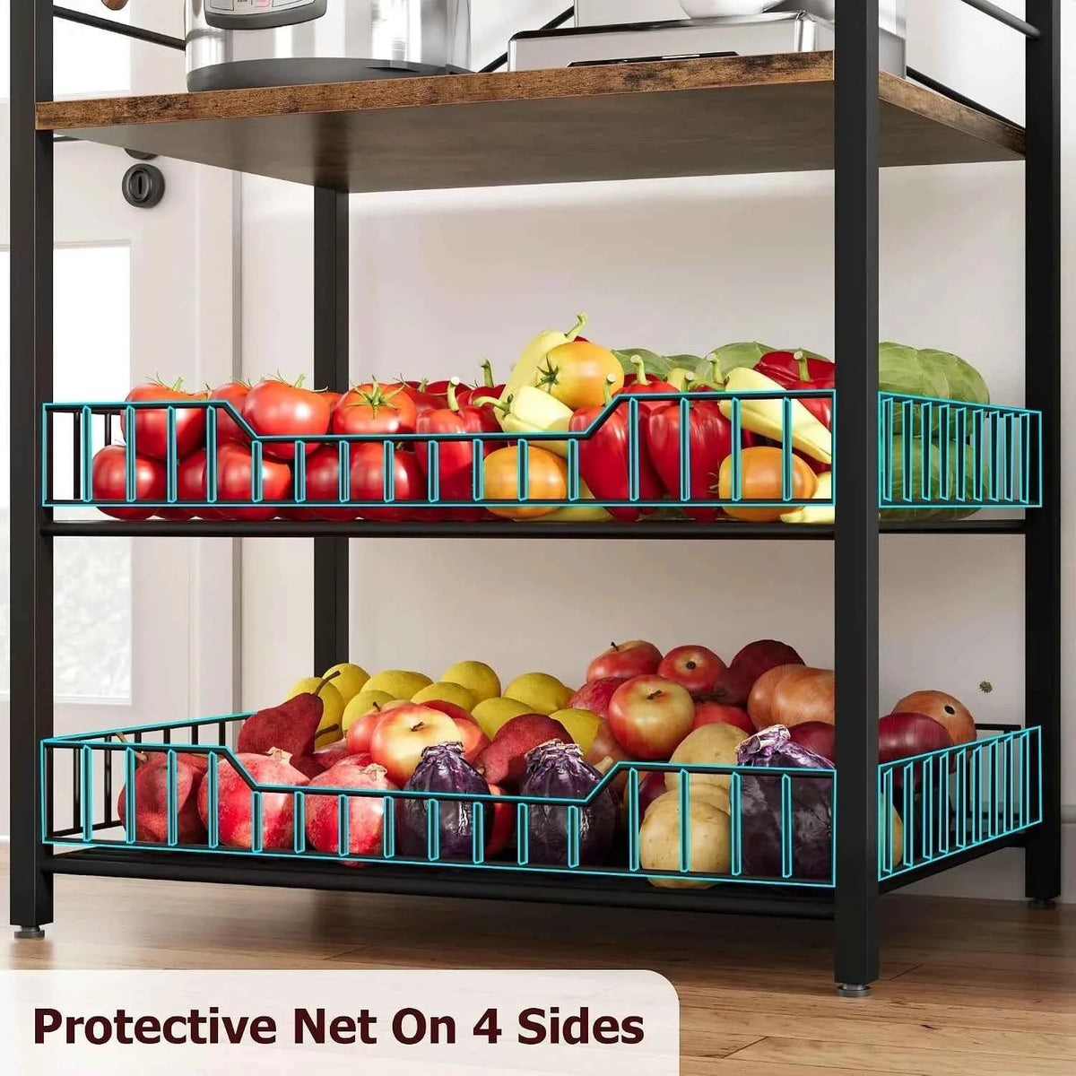 5 Tier Kitchen Bakers Rack with Microwave Stand. Freestanding Storage Shelf with Wire Baskets. Hooks,  Industrial Style Organizer