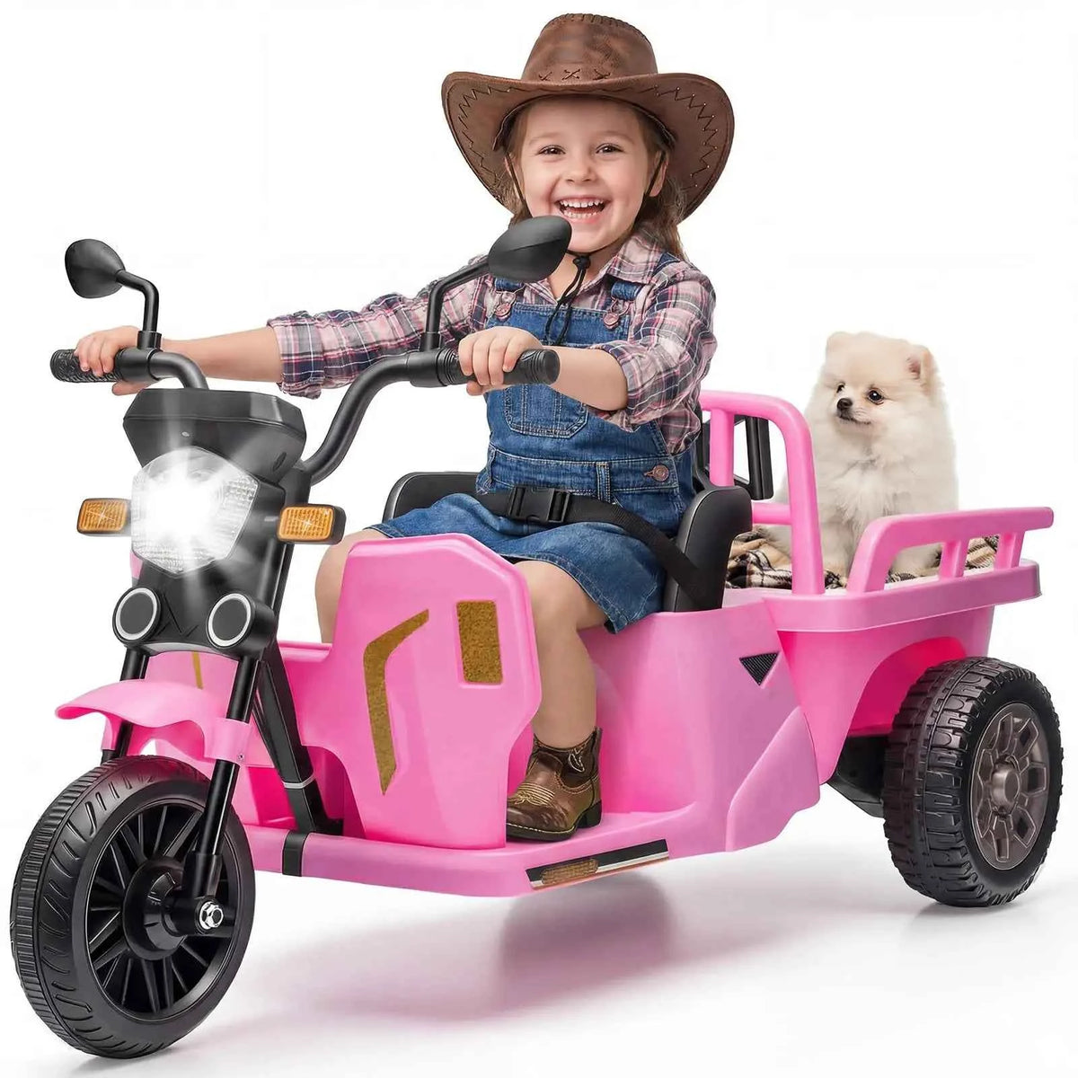 12V Kids Electric Tricycle With Trailer, 110W Ride On Motorcycle Tractor, Sand Shovel, Bluetooth Music, LED Headlight, 3 Speeds