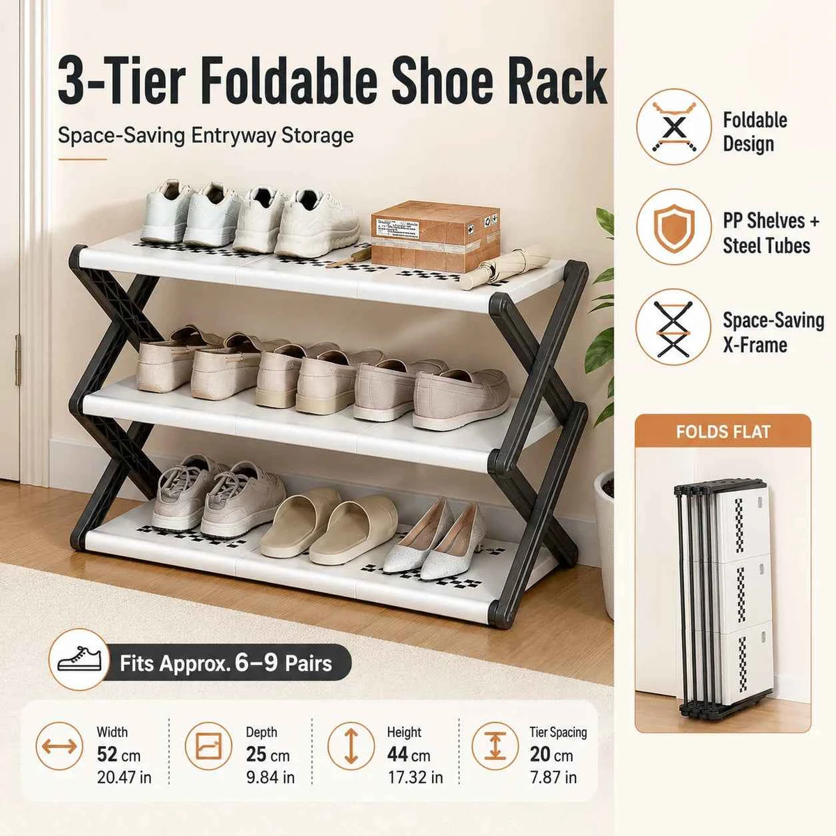 Foldable Shoe Rack, Space-Saving Entryway Shoe Organizer with Stable X-Frame, PP Shelves & Steel Tubes, No Assembly Needed