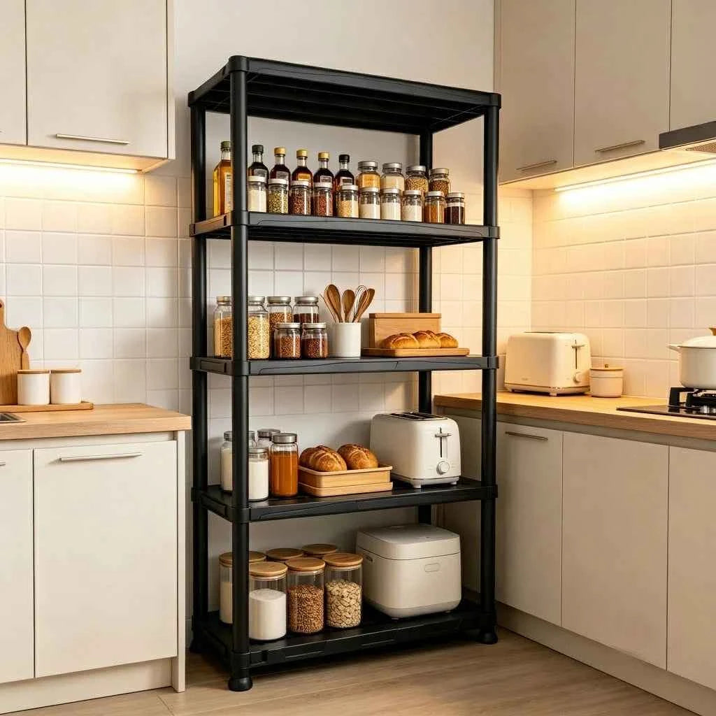 4 & 5 Tier Plastic Storage Shelving Unit, Heavy Duty Black PP Utility Rack, 3 Sizes Available Waterproof Organizer.