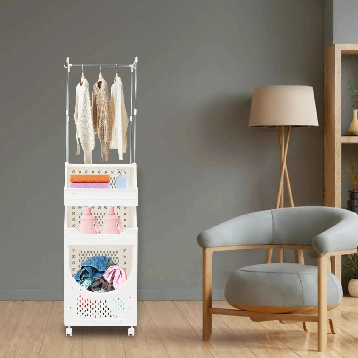 Laundry Basket with Wheels Laundry Hamper Cart with Clothes Rack Dirty Clothes Hamper