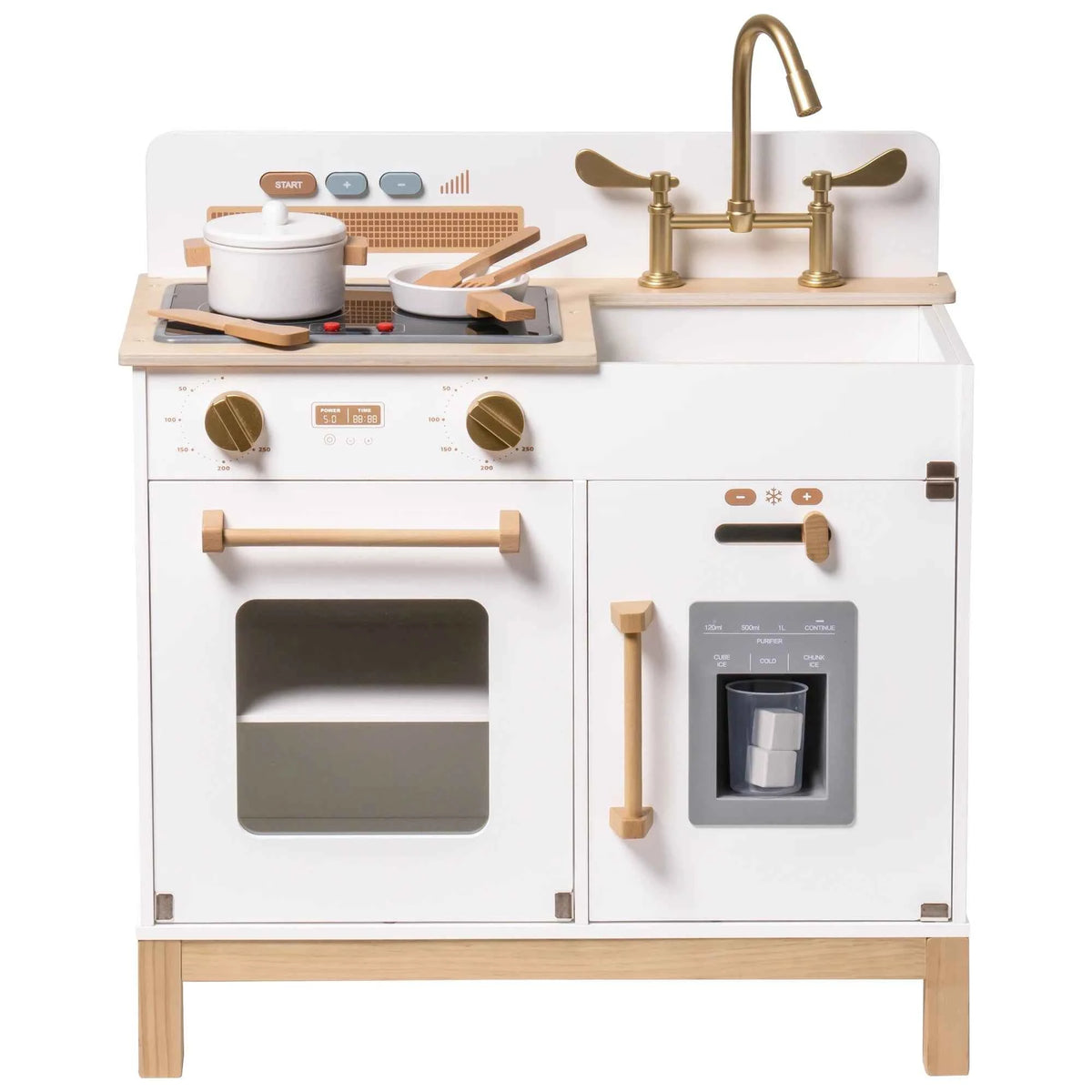 ROBUD Wooden Kids Kitchen Playset with Sound, Light, Stove, Oven Pot, and Utensils. Educational Role Play Toy Gift for 3-6 Years, White