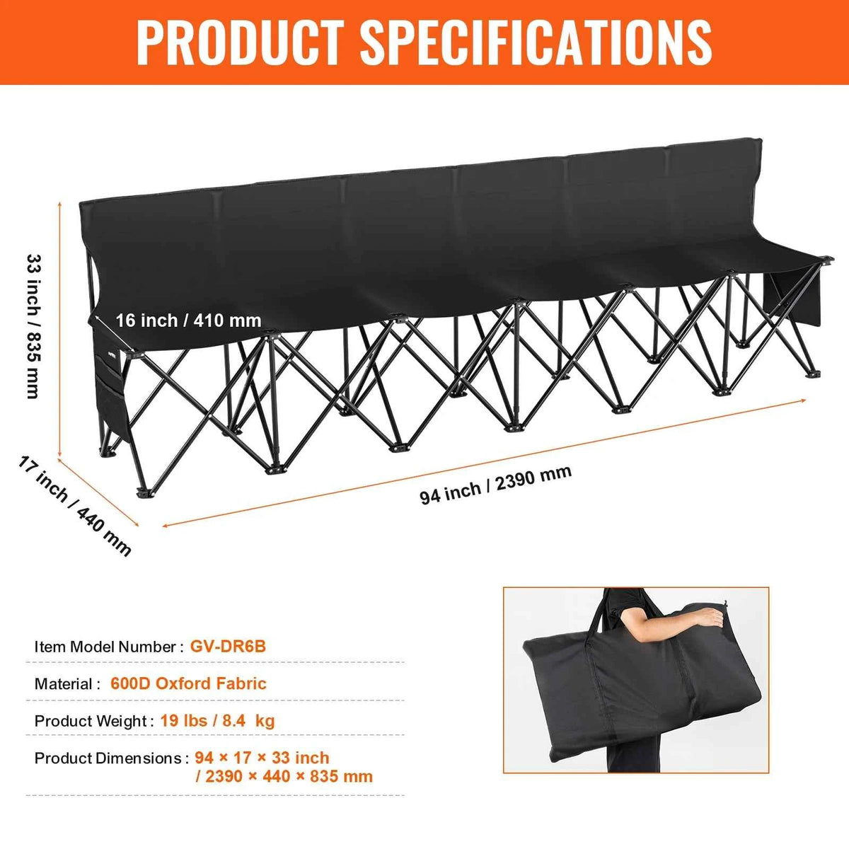 SucceBuy 6/8 Seat Foldable Sideline Bench. Outdoor, Camping Bench Chair with Bag & Backres. Team Sport Sideline Bench