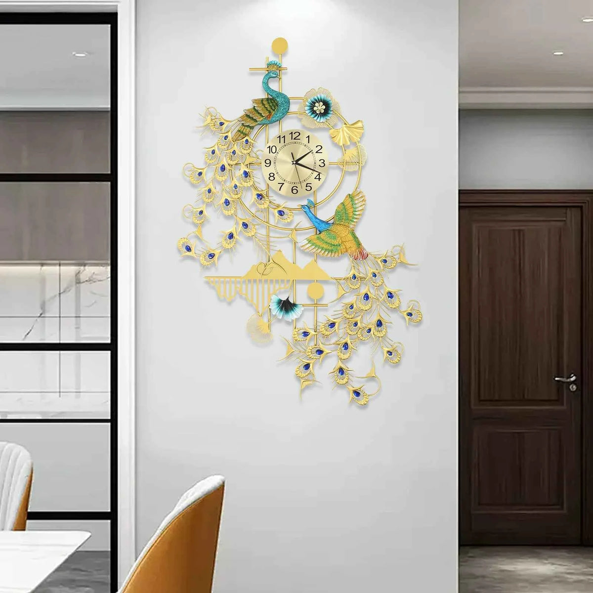 Large 80x120cm Peacock Wall Clock. Silent Quartz. Decorative Gold & Blue Rhinestone Resin Iron. Modern Art