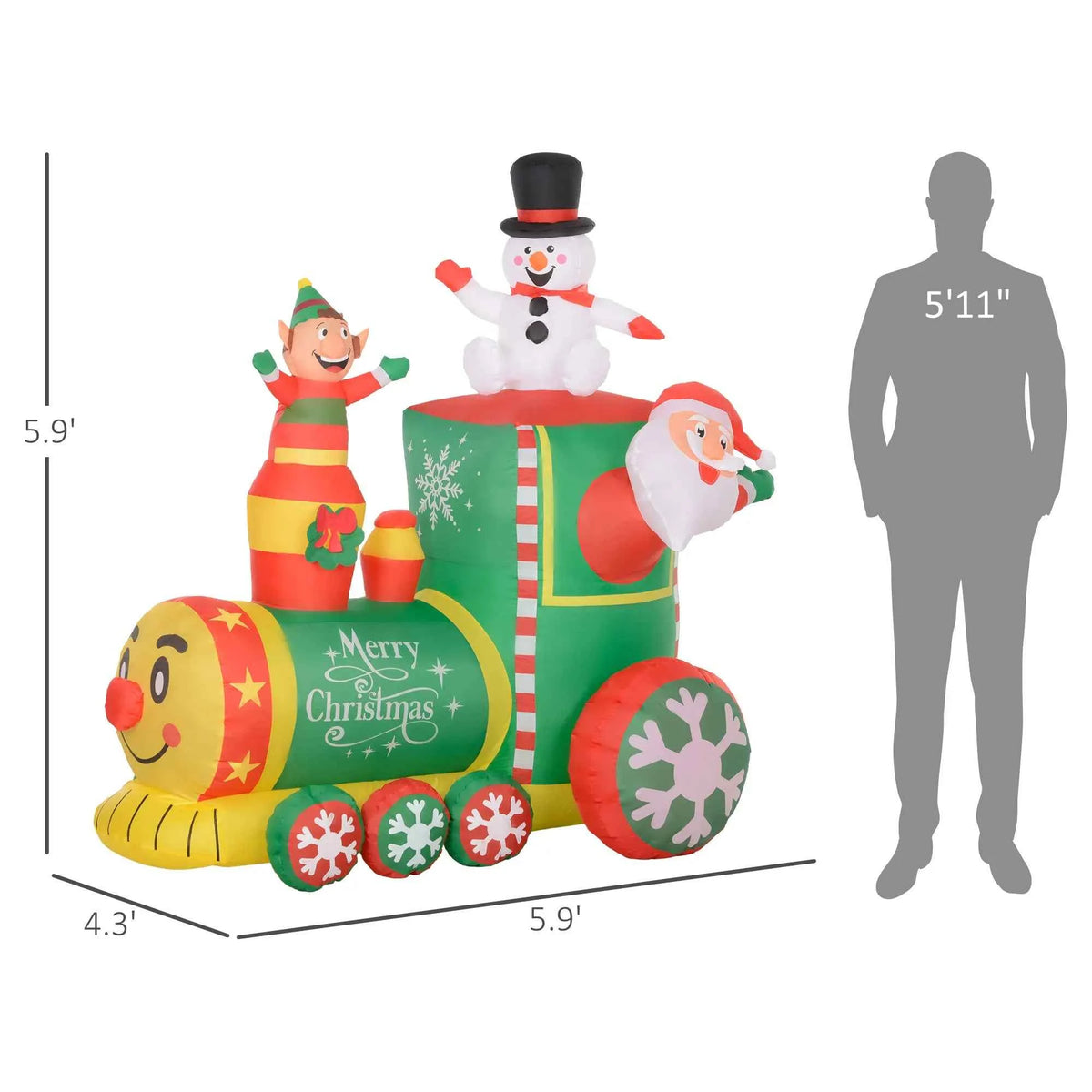 6FT Christmas Inflatables Train, Santa Claus and Snowman Drive Train Blow-Up Outdoor Christmas Decorations with White LED Lights.