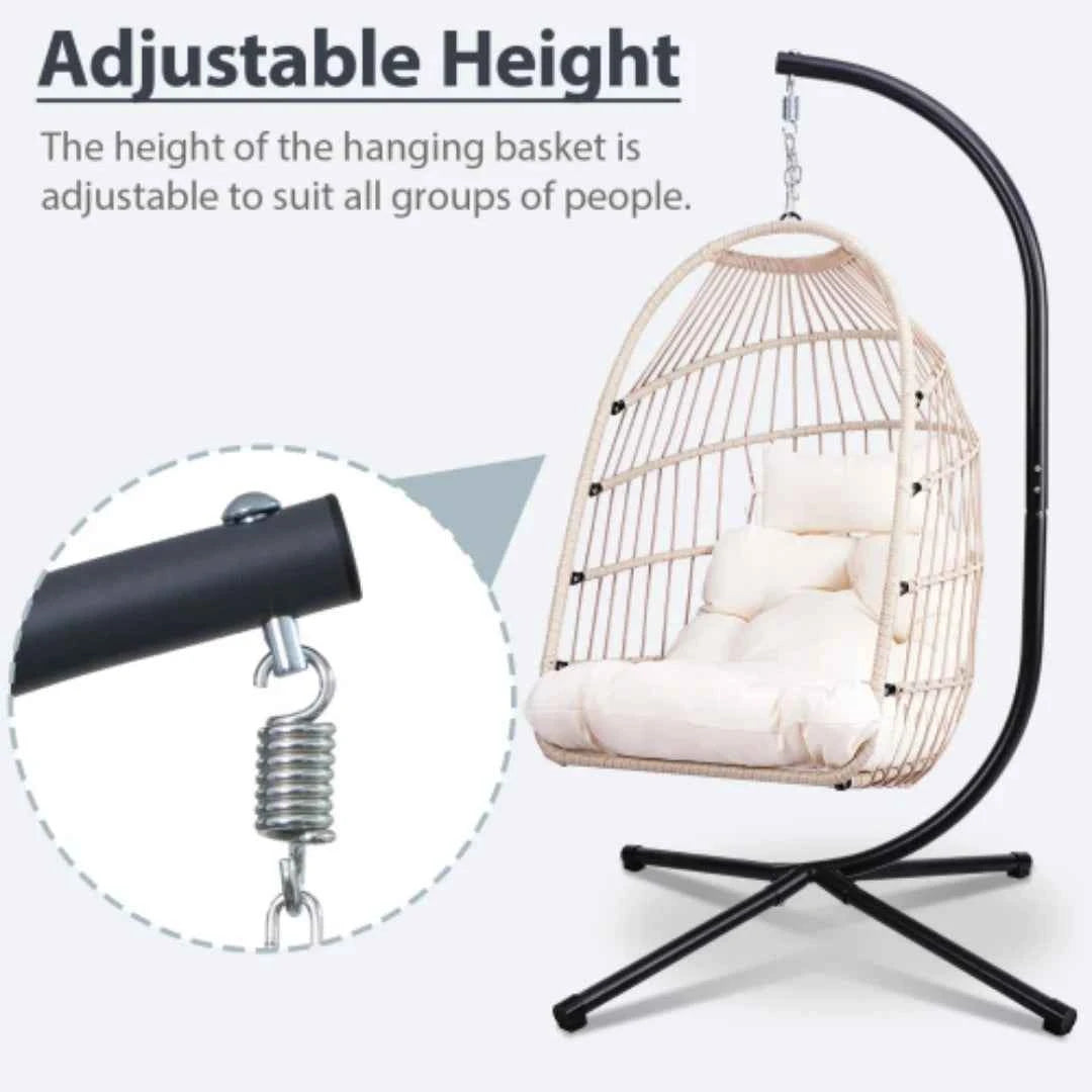 Outdoor Egg Chair with Stand, 350 Lbs Wicker Patio Hanging Chair, Folding Swing Hammock Chair with Cushion for Indoor, Porch, Garden