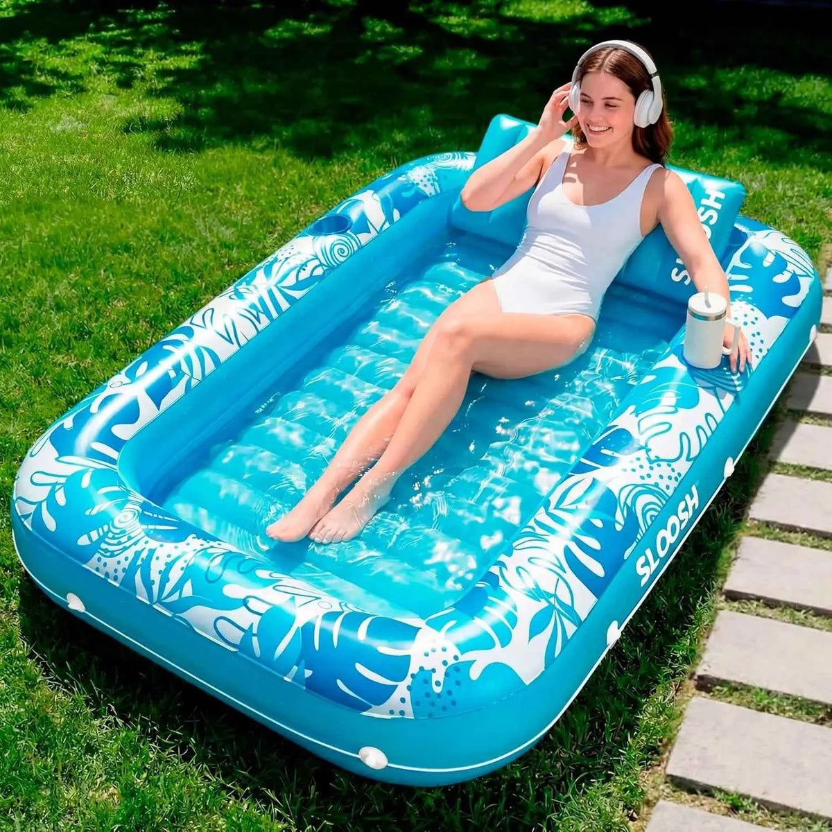 JOYFY 4 in 1 Suntan Tub Raft. Floatie Inflatable Tanning Pool  70" x 46" Pool Floats Adult with Pillow for Water