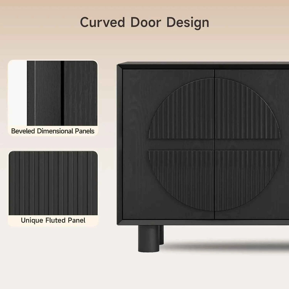 ONBRILL 63 Inch (160cm) Modern Fluted Buffet Cabinet - Storage Sideboard w/Push-Spring Doors, Entryway Dresser, Black