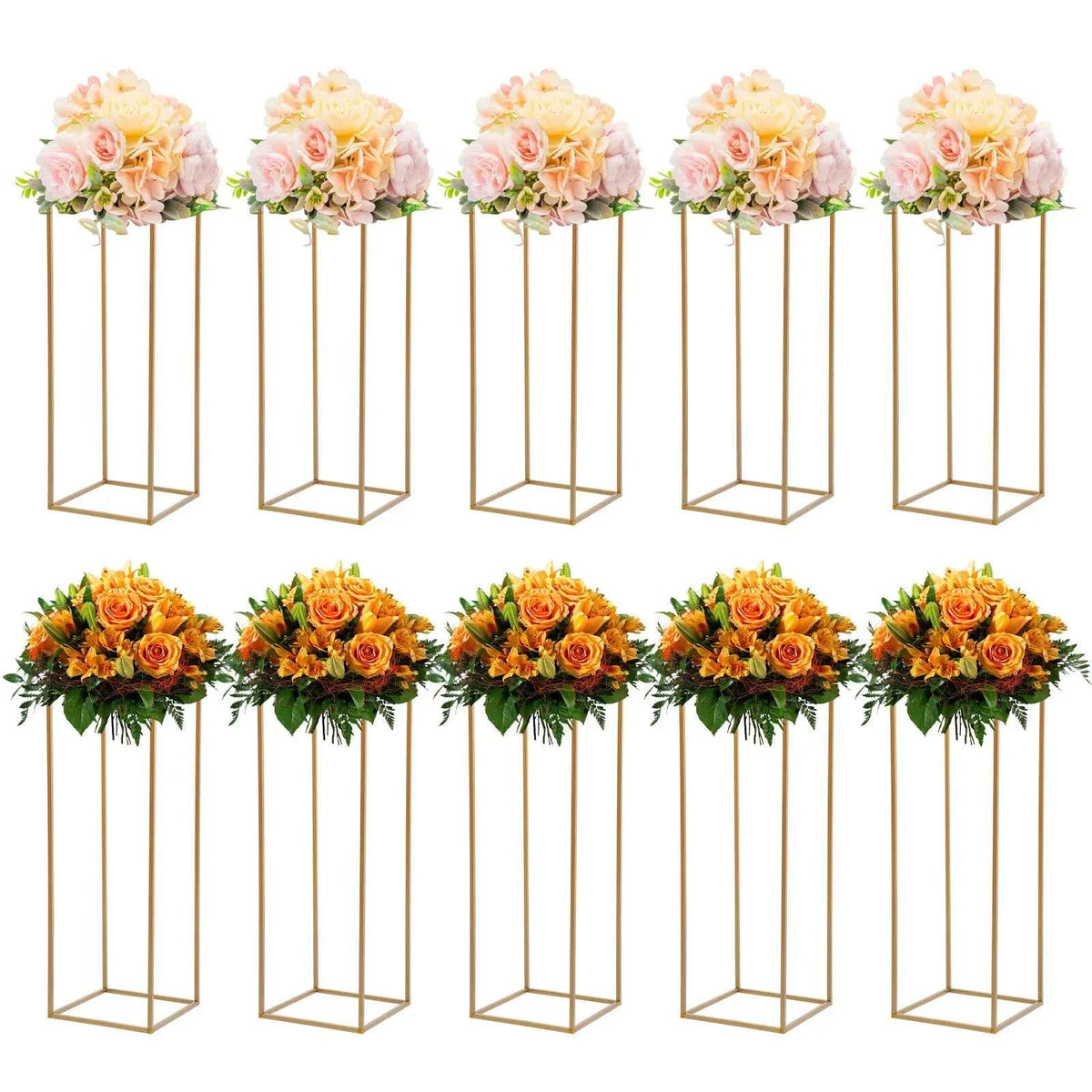 10Pcs Metal Flower Stand Set, Rectangle Wedding Centerpiece or Display Stand. Tall Cylinder Vase Holder.