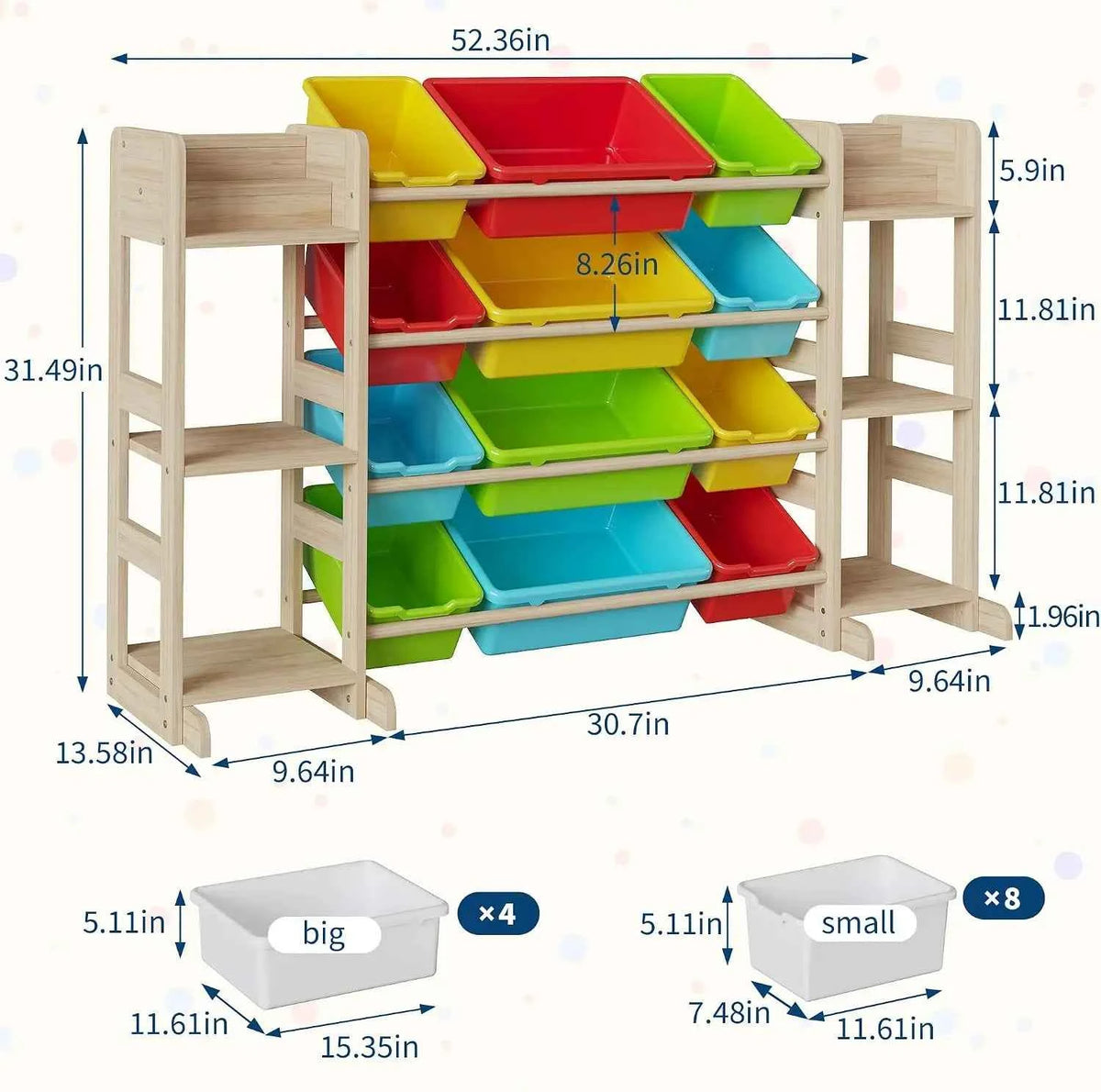 Tacleekii 42" 52" Wide Kids Toy Storage Organizer with 12 Bins & 3 Open Shelves. Solid Wood Storage Unit