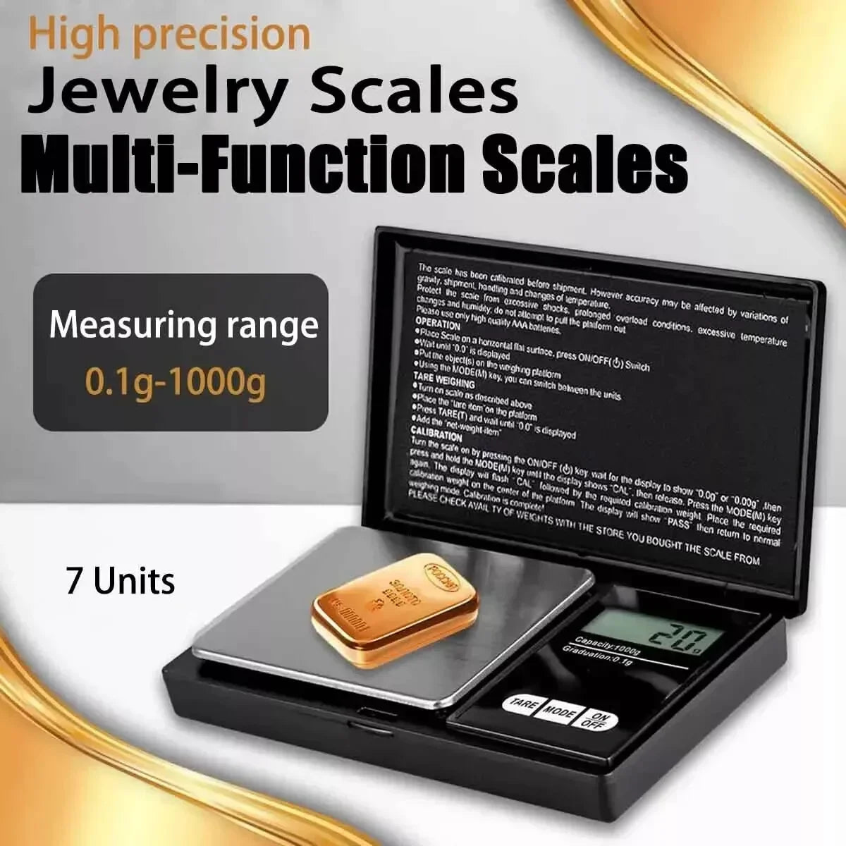 Digital Pocket Scale 1000g x 0.1g. Jewelry or Gold Coin Scale with Stainless Steel Platform. Grams, Ounces, Carats for Precise Weighing