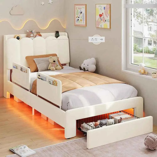 DICTAC Twin Size LED Bed with Storage Drawer and Safety Guardrails, Velvet Upholstered Platform Bed with Chic Wavy Storage headboard