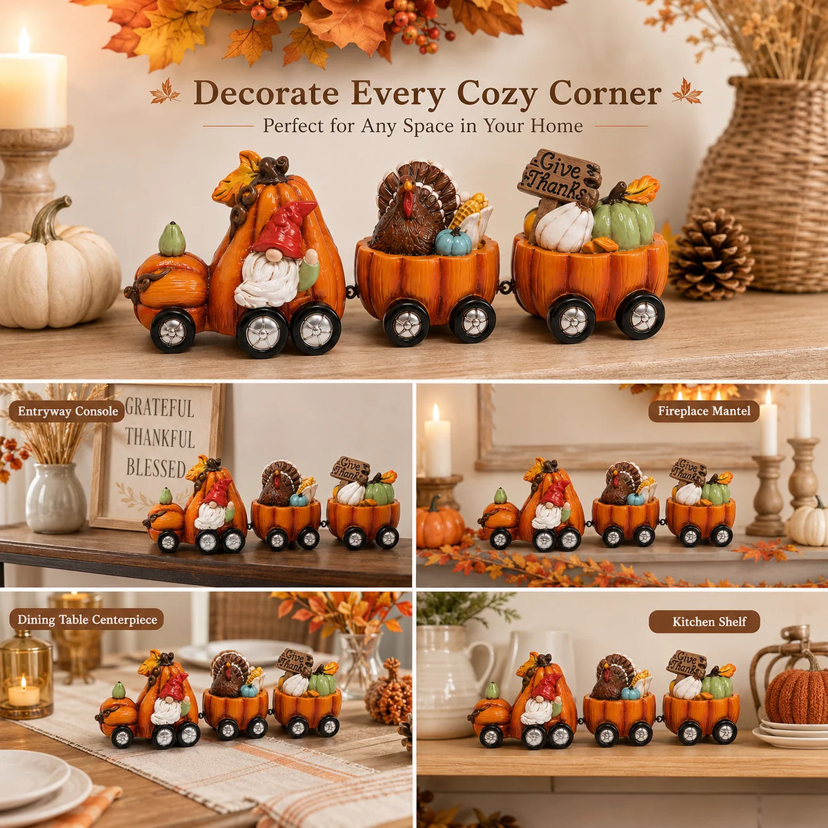 Hodao Resin Thanksgiving Pumpkin Train Figure, 3-Car Fall Harvest Decoration with Gnome, Turkey, Corn, Pumpkins & Give Thanks Sign, 7.8" Long Autumn Farmhouse Tabletop Centerpiece, Seasonal Shelf Mantel Decoration