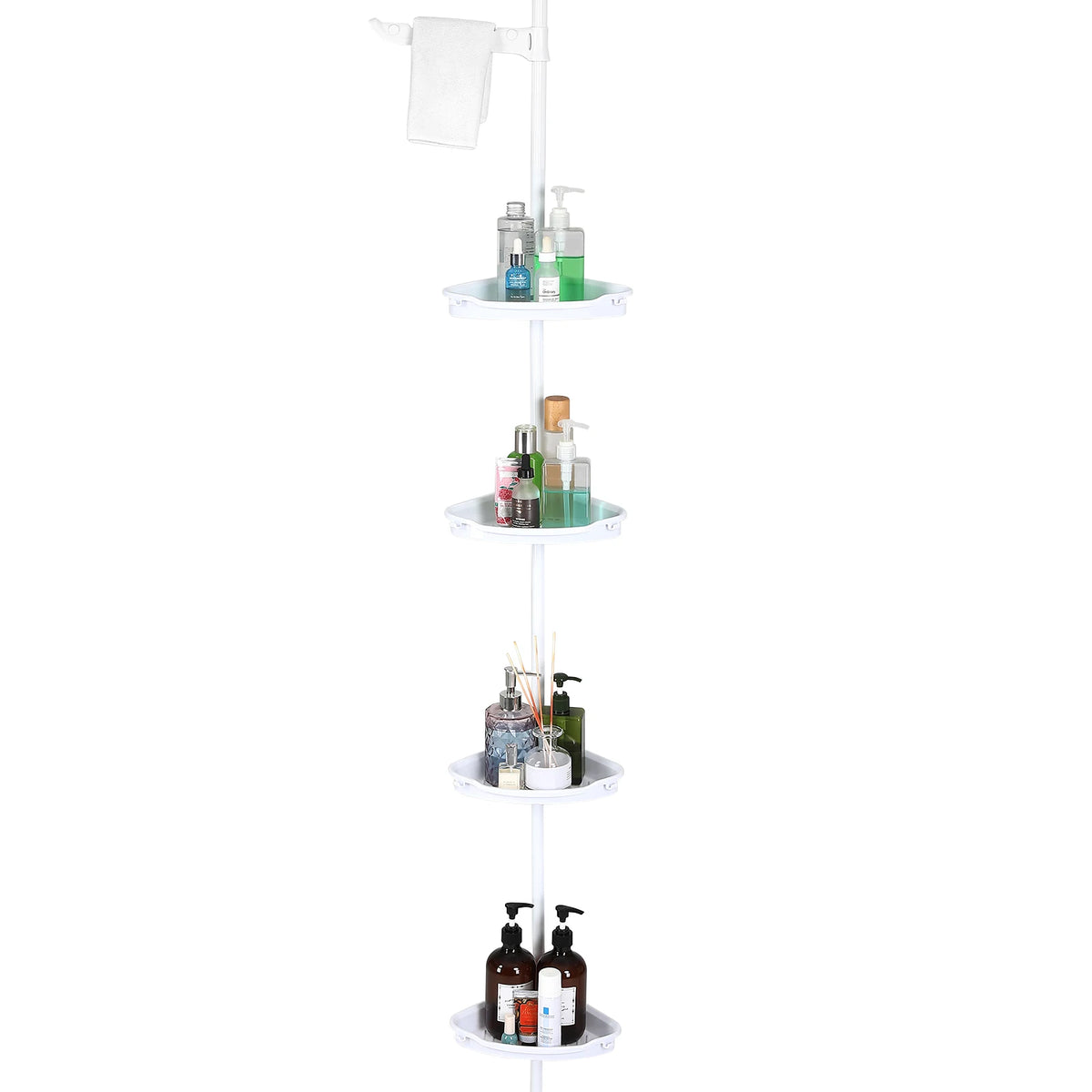 Space-Saving 4-Tier Corner Shower Caddy Tension Pole Organizer – Adjustable Rustproof Storage with Basket Shelves & Towel Bars – Easy Install, Fits 39-113 Inches, White - Myaccessoriesstore