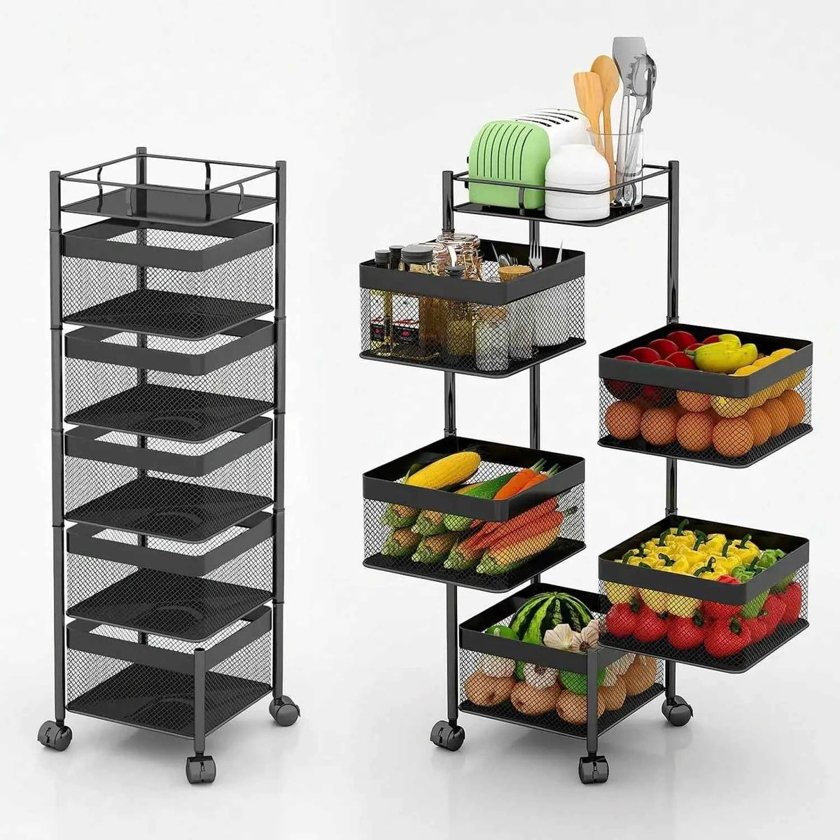 5-Tier Rolling Storage Cart with Wheels, Rotating Utility Shelf Rack, No Assembly Required, Square Black Organizer