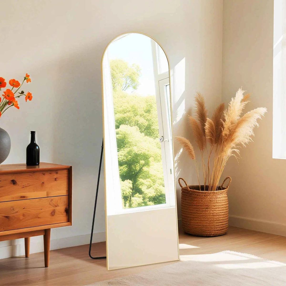 JHK Full Length Mirror with Stand., Tempered Glass, Aluminum Frame for Hanging or Leaning. Full Body.