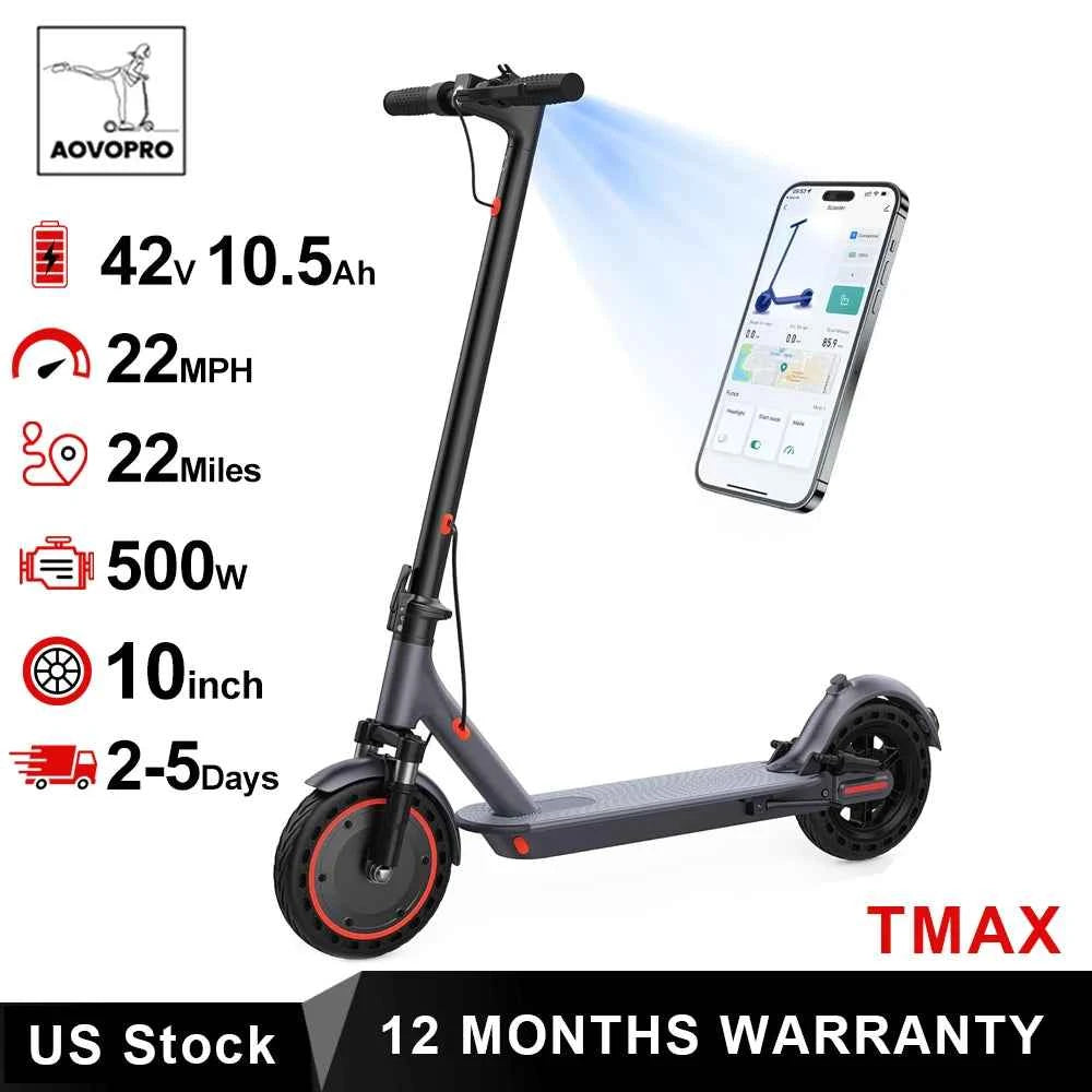 AOVOPRO TMAX 10inch Electric Scooter, 500W, 22MPH. For Adult. TUYA  APP Smart Scooter, Shock-absorbing Anti-skid Folding Electric Scooter