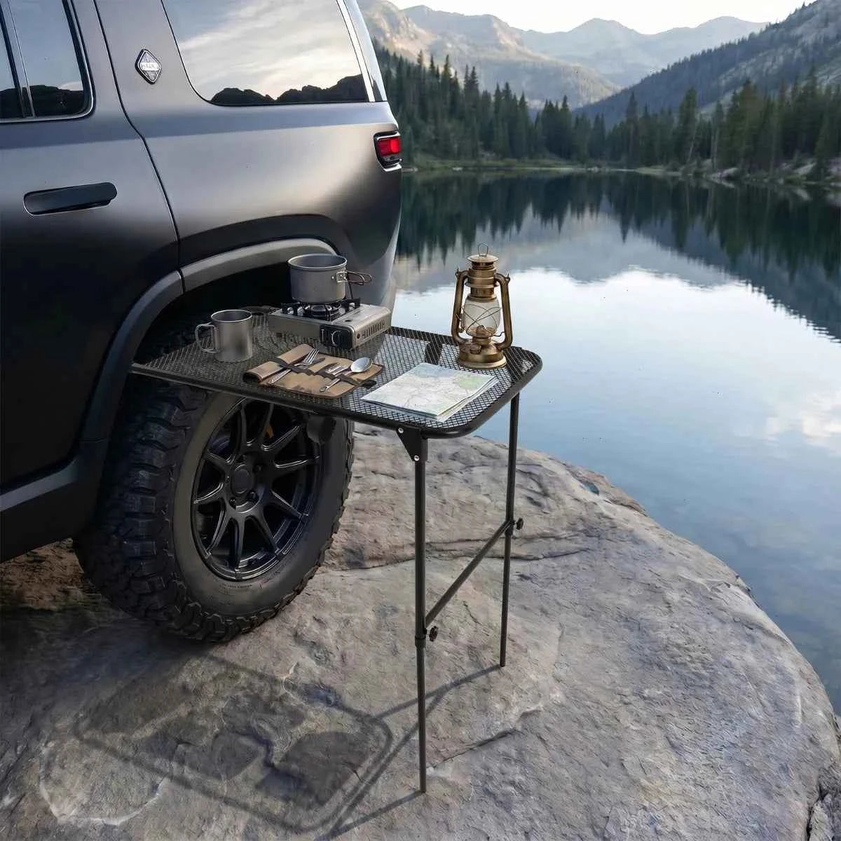 Tire Table Camping, Steel Adjustable Folding Trunk Desk, Vehicle Mounted Outdoor Picnic Table, Portable BBQ Cooking Table, No Tools, for Road Trip, Tailgating, Car Camping, Travel