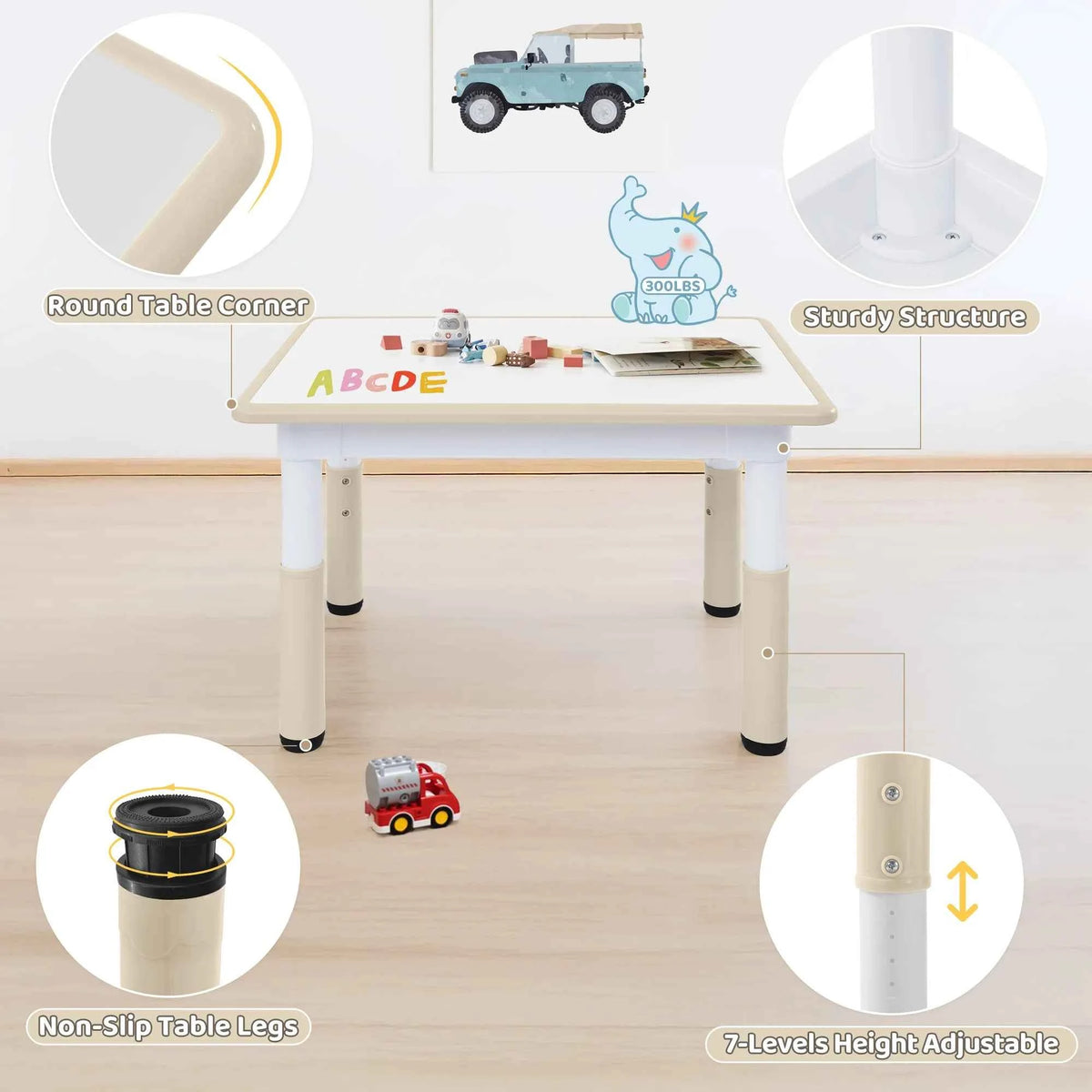 Kids Table 31.5" × 23.6", 7-Level Height Adjustable Toddler Activity Table, Graffiti-Proof Plastic Desk for Ages 3-8, Home & Daycare