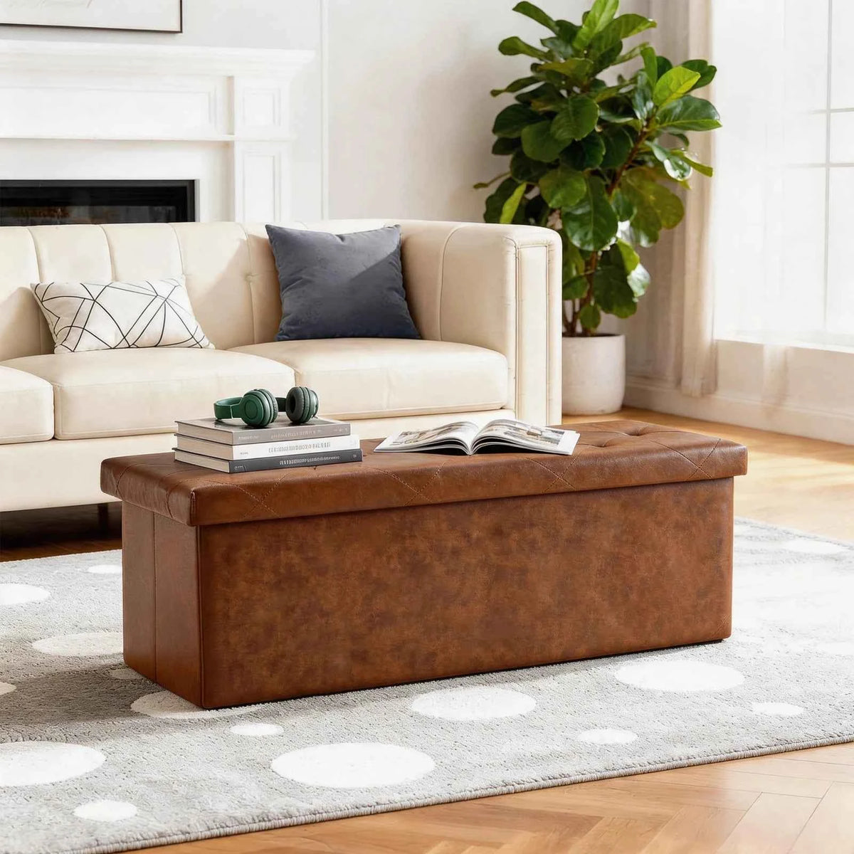 Tufted Faux Leather Storage Bench Folding Footrest Ottoman with 400lbs Weight Capacity,