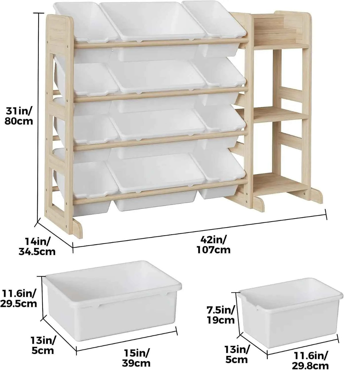 Tacleekii 42" 52" Wide Kids Toy Storage Organizer with 12 Bins & 3 Open Shelves. Solid Wood Storage Unit