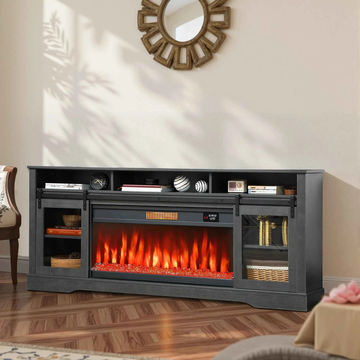 Fireplace TV Stand for TVs Up to 80 Inches, Modern Entertainment Center with 36" Glass Electric Fireplace & LED Lights, TV Console with Open Storage and Side Cabinets for Living Room, Black
