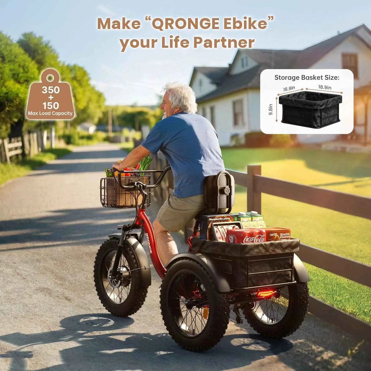 QRONGE Electric Bike for Adults 1200W Peak, 36V, 20AH Battery, Folding Electric Tricycle. 75 Miles Range Max. 20MPH, 20"*4" Fat Tire. Electric Trike