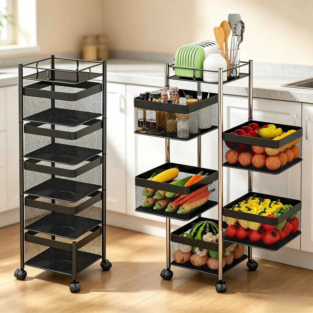 5-Tier Rolling Storage Cart with Wheels, Rotating Utility Shelf Rack, No Assembly Required, Square Black Organizer