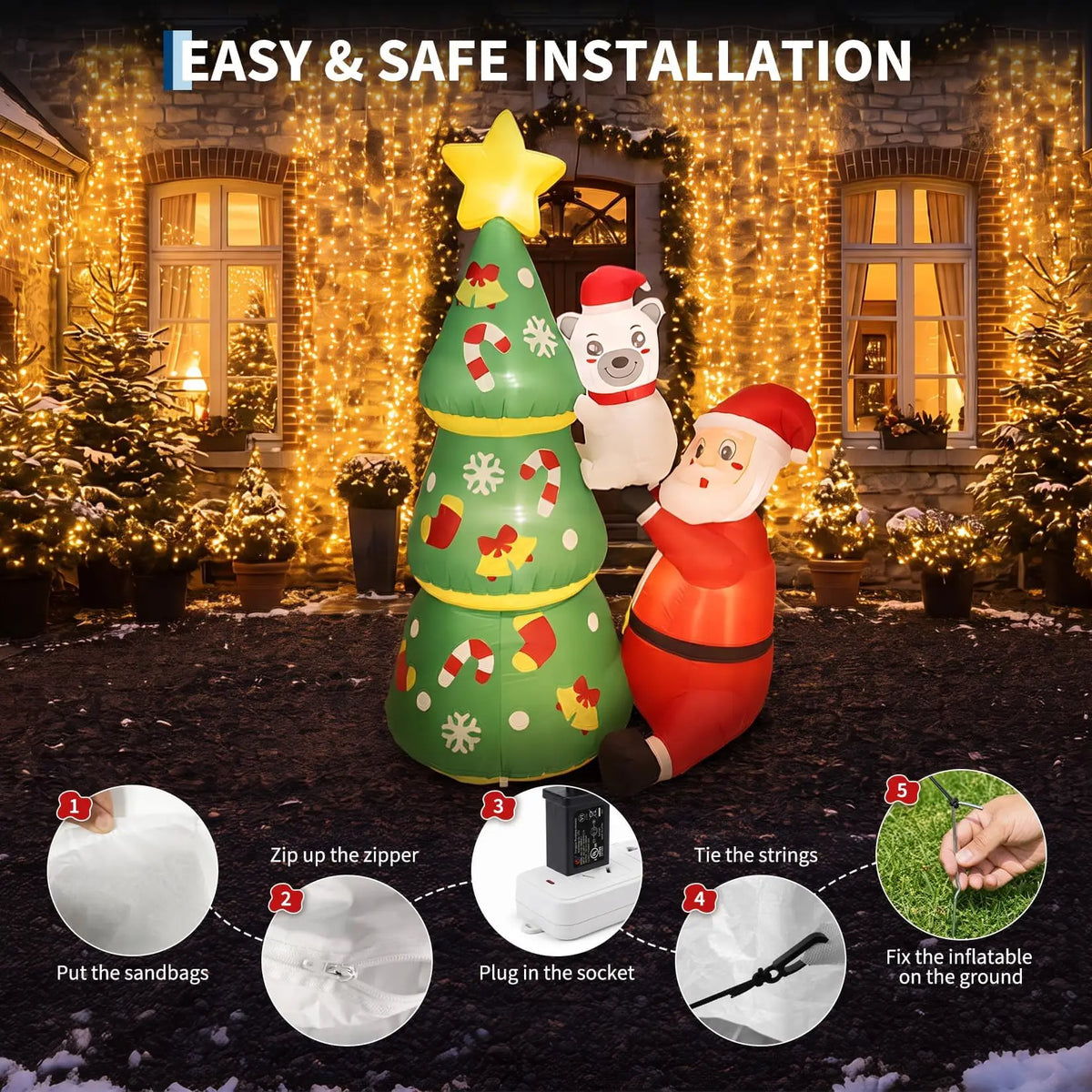 7ft Christmas Inflatable Santa & Polar Bear With Tree, Lighted Blow Up Yard Decor With Leds, Blower and Stakes. For Home Lawn, Garden, or Porch