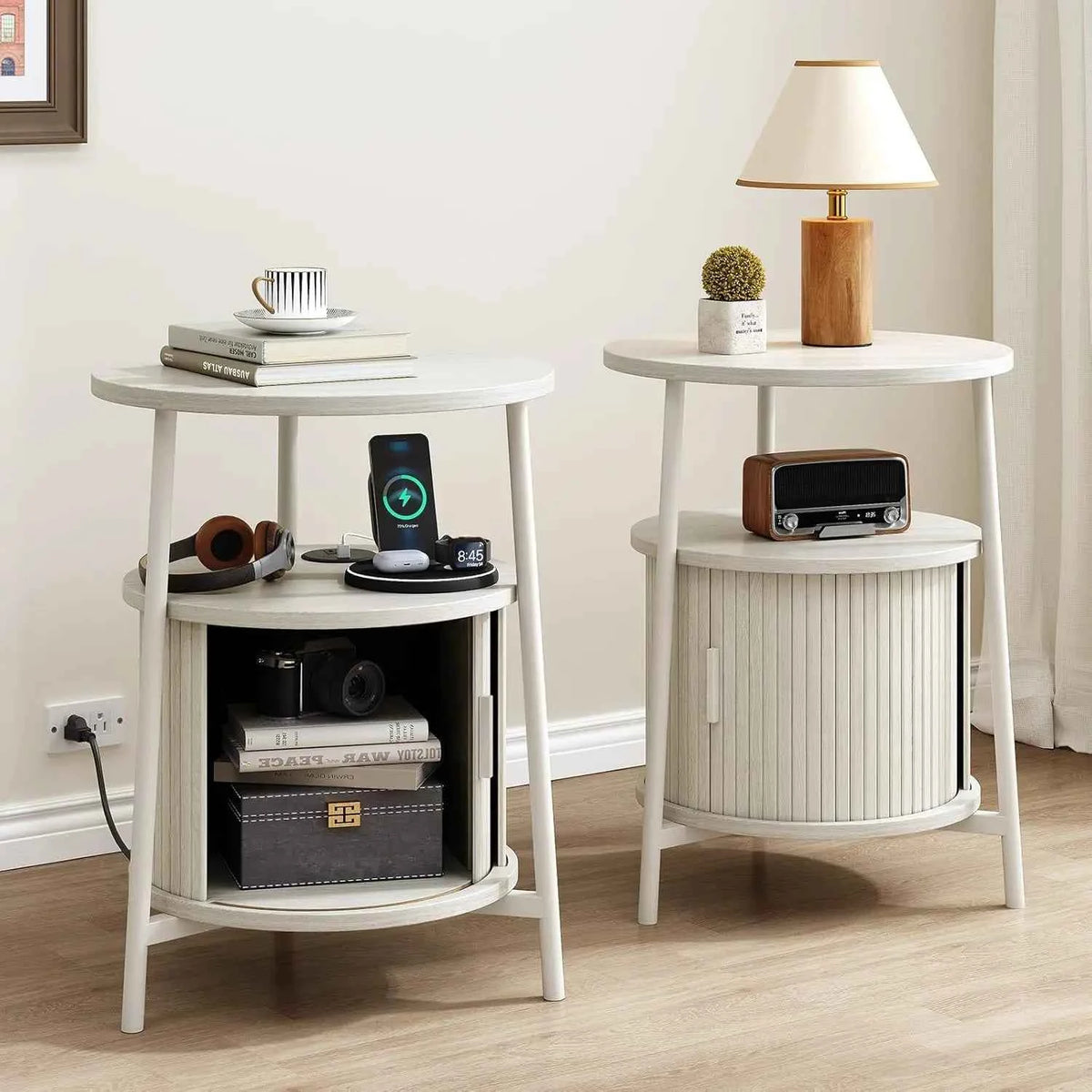 Black Small Round Side Table with Storage, Fluted Nightstand with Charging Station, Modern Bedside Tables, End Tables