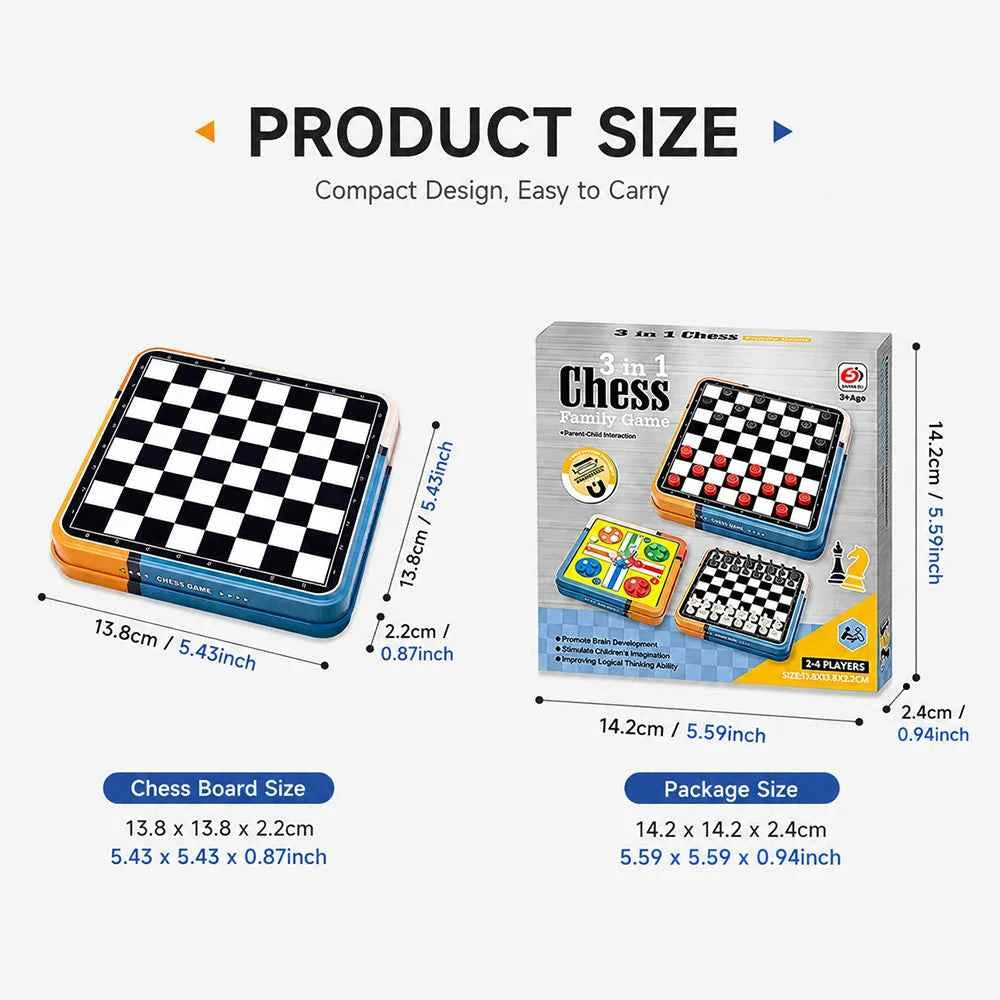Portable 3‑in‑1 Chess, Checkers, & Ludo Board Game Set. Folding Storage Travel Family Puzzle Game, 2‑4 Players. Educational.