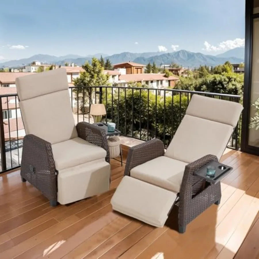 Outdoor Patio Recliner Chair.  180° Reclining Patio Chairs with Adjustable Backrest and Flip-Up Table.  Rattan Reclining Lounge Chairs