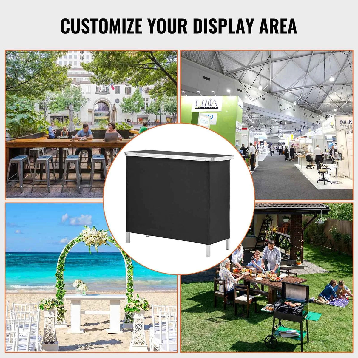 Folding Portable Bar Table or Tradeshow Podium Table for Party, Picnic, Exhibition. Includes Carrying Case, Storage, Shelf Skirt