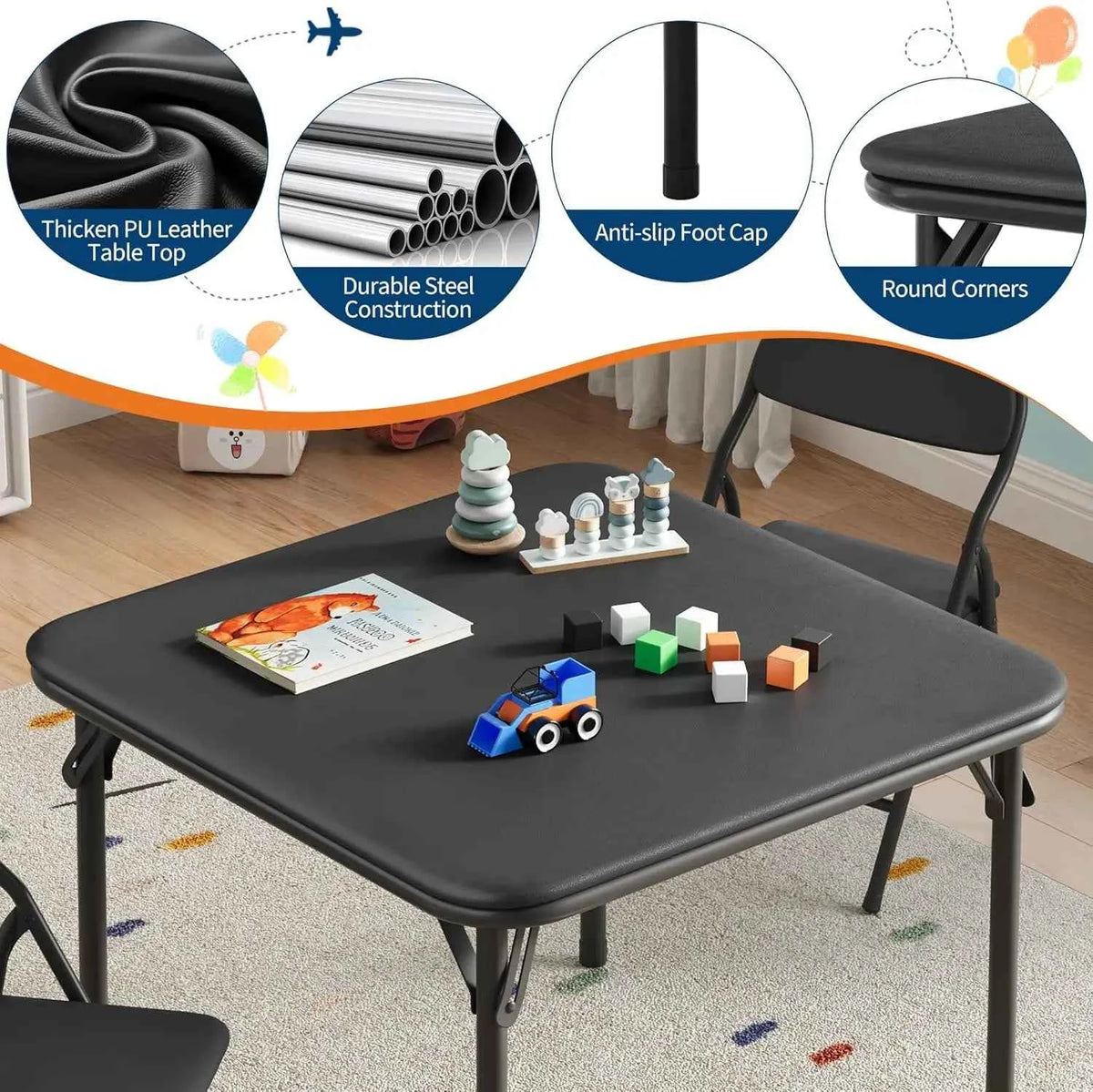 5-Piece  Kids Folding Table and Chairs Set. Upholstered Chairs, Waterproof PU Top, No Assembly, Toddler Furniture, Black