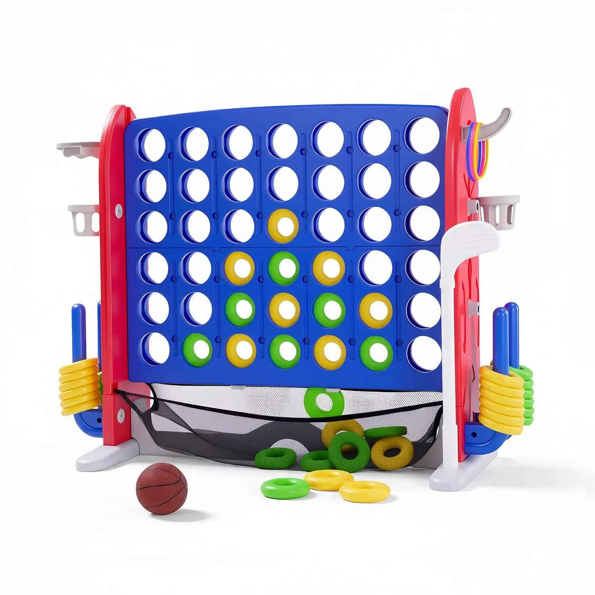 4-in-1 Giant Connect Game Set, Adjustable Height, Basketball Hoop, Ring Toss and Net Jumbo Outdoor Yard Game for Families Events