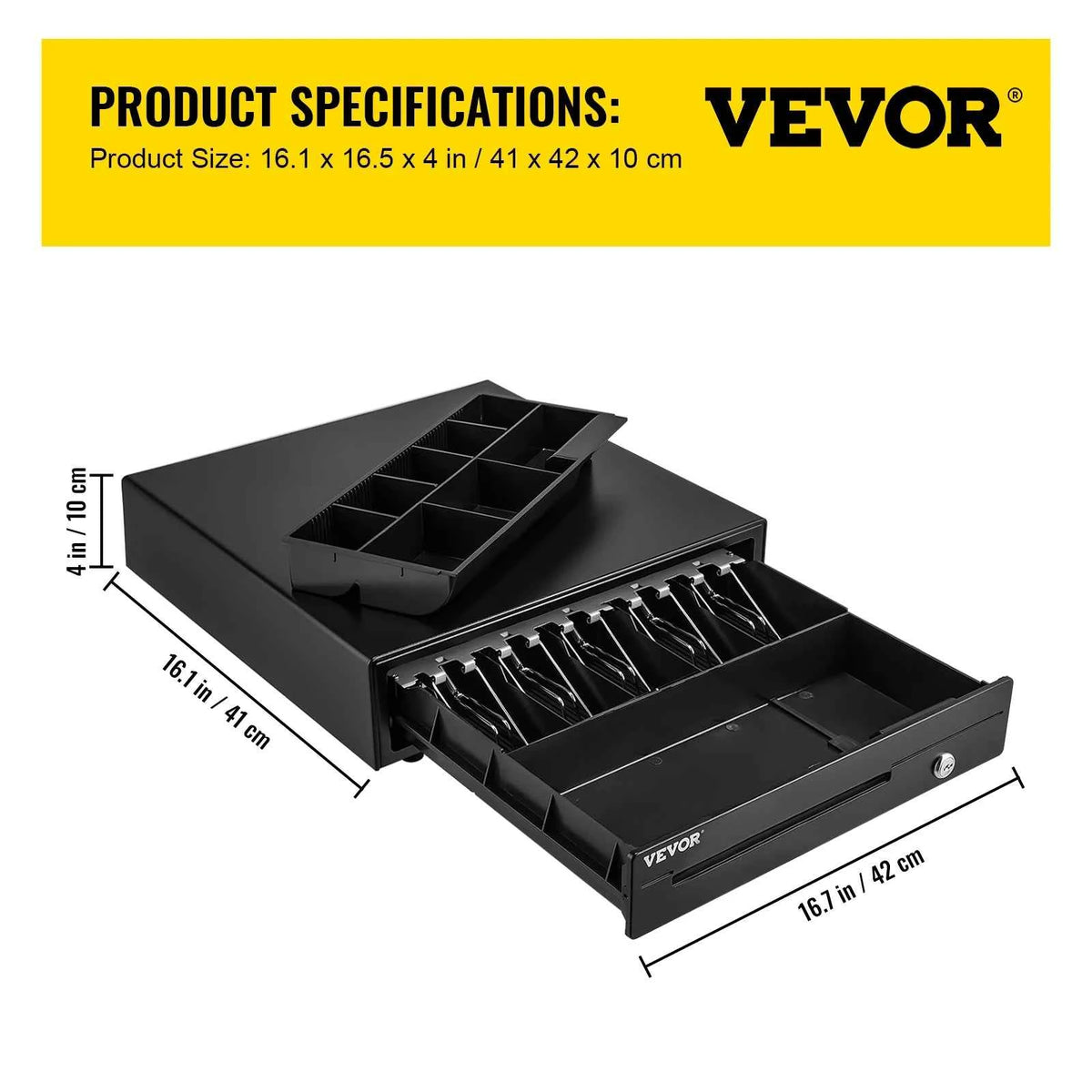 Cash Register Drawer 16" 12 V for POS System Tray.  Removable Coin Compartment & 2 Keys Included RJ11/RJ12 Cable Drawer