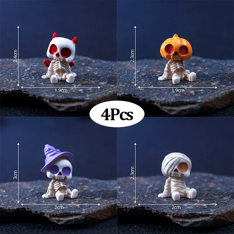 4Pcs Halloween Mini Figurines Set, Spooky Resin Decor with Pumpkins Ghosts Skulls.