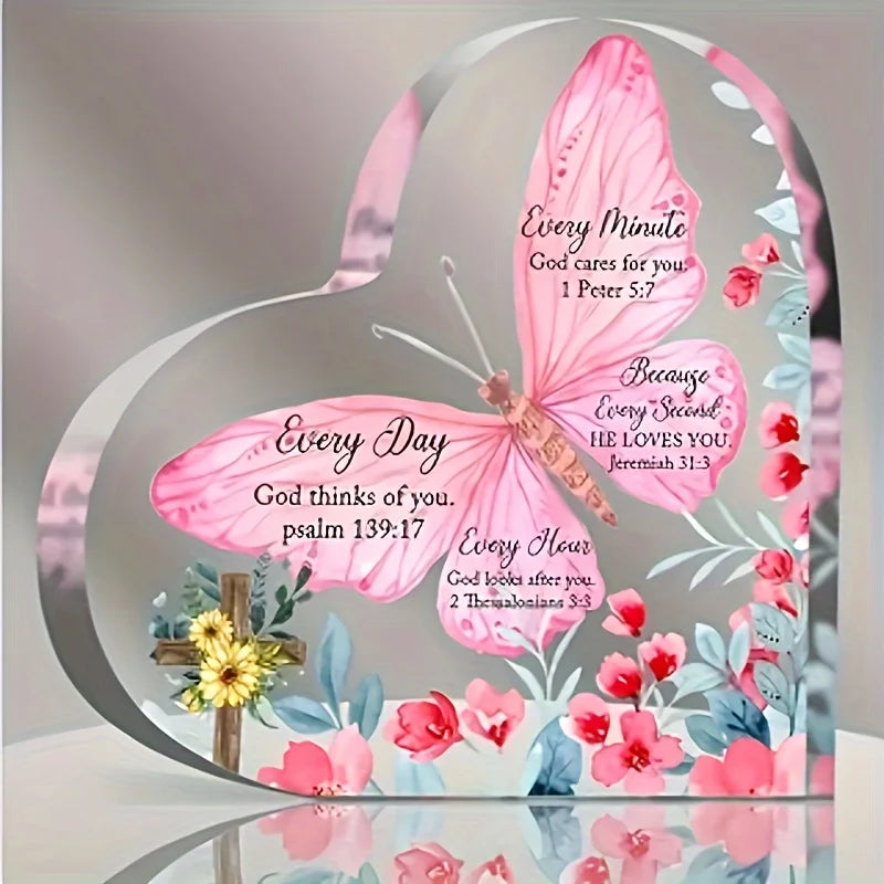 "God Cares For You" Heart‑Shaped Acrylic Tabletop Plaque, Large Pink Butterfly,  Floral with Bible Verses on Butterfly. Desk Keepsake Gift