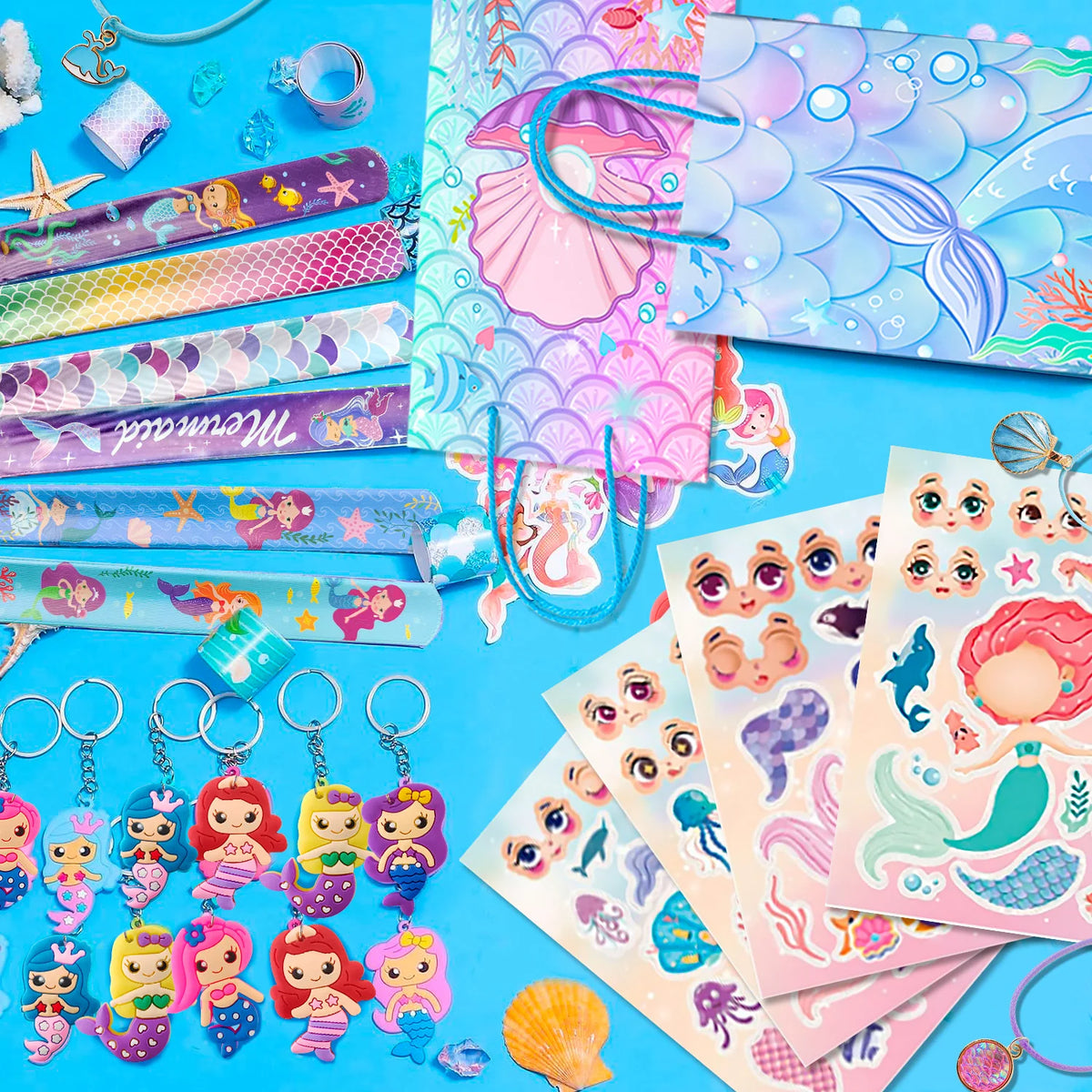 84 Pcs Mermaid Party Favors for Boys and Girls - Mermaid Birthday Rings, Keychain, Slap Bracelets, Bags, Hair Clips, Necklace Etc. Mermaid Birthday Party Favors for Mermaid Birthday Decorations Supplies