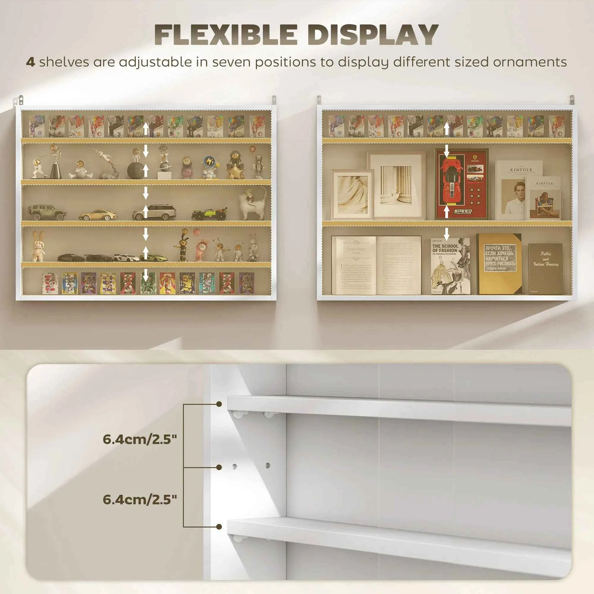Homcom 5-Tier Display Cabinet, Glass Door Cabinet with Adjustable Shelves, Wall-Mounted Display Case for Playroom, Bedroom.  White