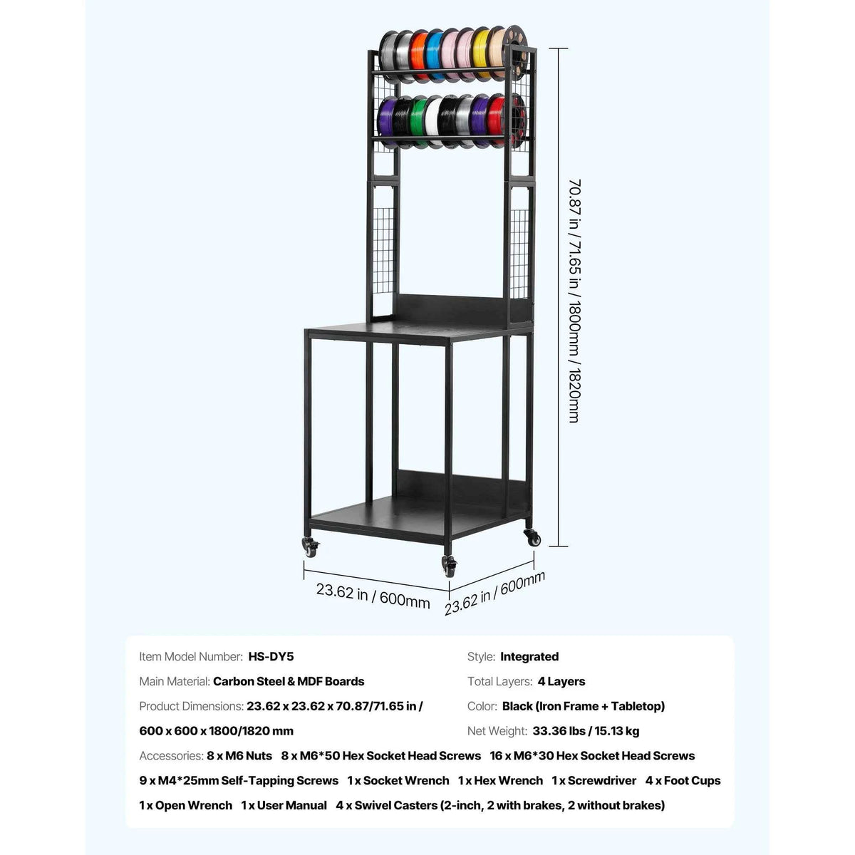 4-Tier 3D Printer Filament Storage Rack with Wheels Printer Stand Spools Holder Cart for 3D Printing Station Office