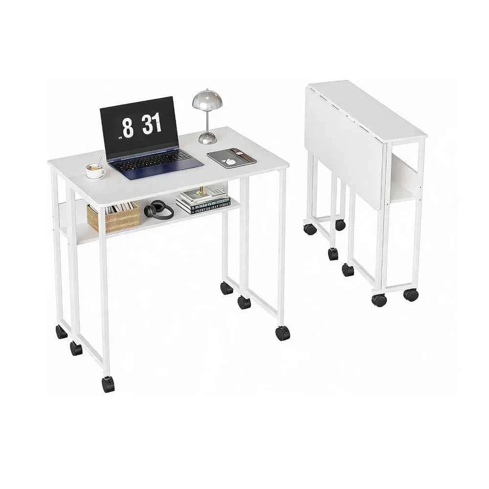 Folding Desk with Storage Shelf on Wheels. Space Saving Computer Desk, Easy Assembly, for Home, Office, & Small Space