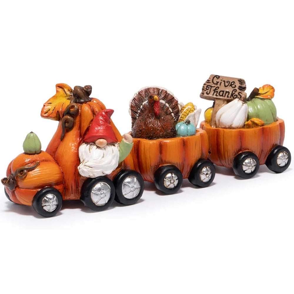 Hodao Resin Thanksgiving Pumpkin Train Figure, 3-Car Fall Harvest Decoration with Gnome, Turkey, Corn, Pumpkins & Give Thanks Sign, 7.8" Long Autumn Farmhouse Tabletop Centerpiece, Seasonal Shelf Mantel Decoration