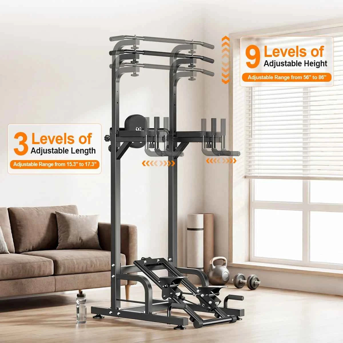 RELIFE Multifunctional Power Tower. Pull Up/ Dip Station. Free Standing Pull Up Bar with Stepper Machine, Adjustable Height Workout Rack. 450LBS Load. Full Body Strength Training Fitness Equipment for Pull Ups Chin Ups Dips L