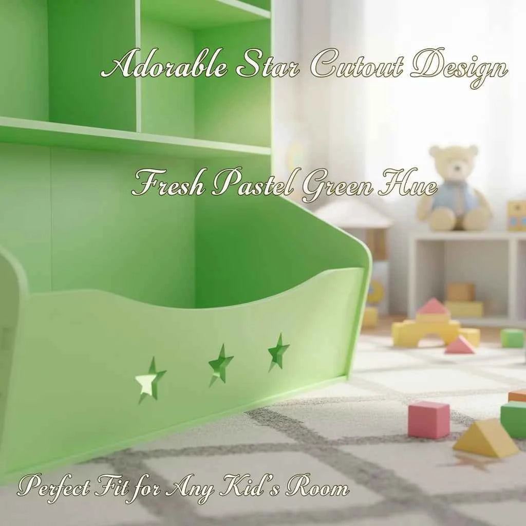 3-Layer Light Green PVC Board Kids Bookcase, Children's Open Shelf Storage for Bedroom or Playroom, Star Pattern 3-Tier Book Display with Bottom Space, Anti-Tip Freestanding Book Shelf for Home, 79x36.5x82.5cm