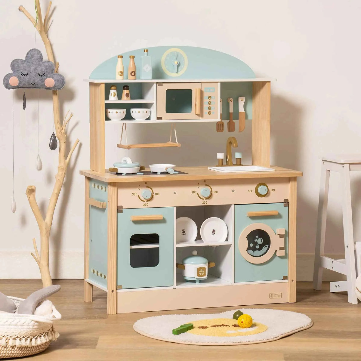 Robud Kids Wooden Play Kitchen. All in One Corner Set Includes Oven, Refrigerator, Washer. Perfect Gift for Little Chefs