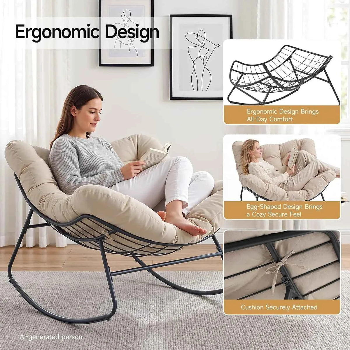 Papasan Rocking Chair, Oversized Patio Lounge Chair, 450 lbs | Oversized Comfort, Smooth & Quiet Rocking, Thick Cushioned Seat,