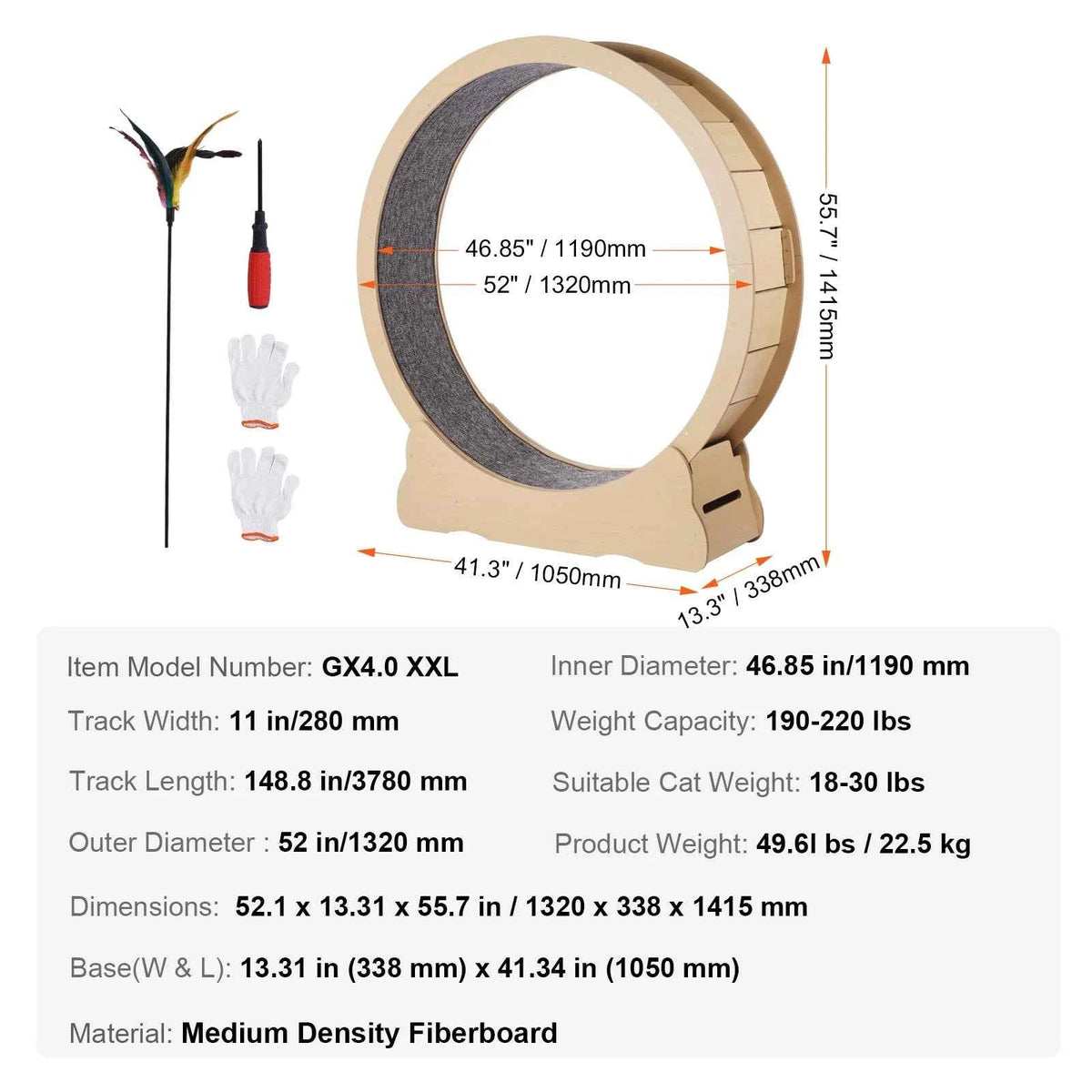 Wooden Exercise Wheel for Indoor Cat .Running Wheel with Detachable Carpet& Cat Teaser