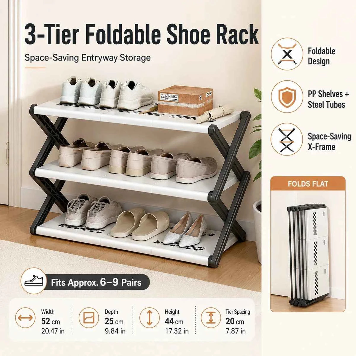 Foldable Shoe Rack, Space-Saving Entryway Shoe Organizer with Stable X-Frame, PP Shelves & Steel Tubes, No Assembly Needed